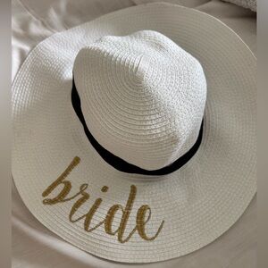 White Sun Hat with Gold 'Bride' Embroidery
